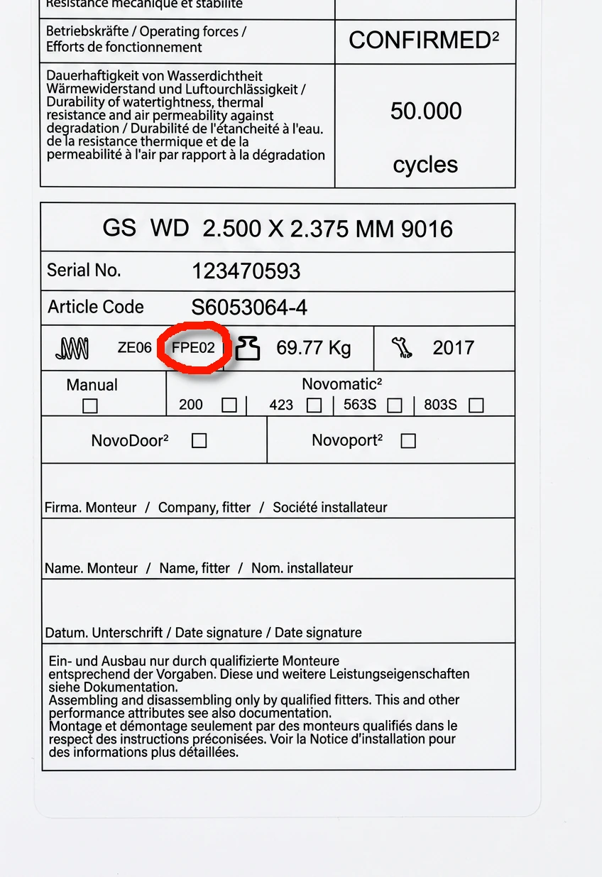 Datový štítek svislé tažné pružiny Novoferm