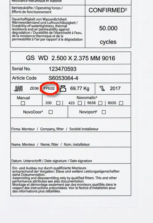 Datový štítek svislé tažné pružiny Novoferm